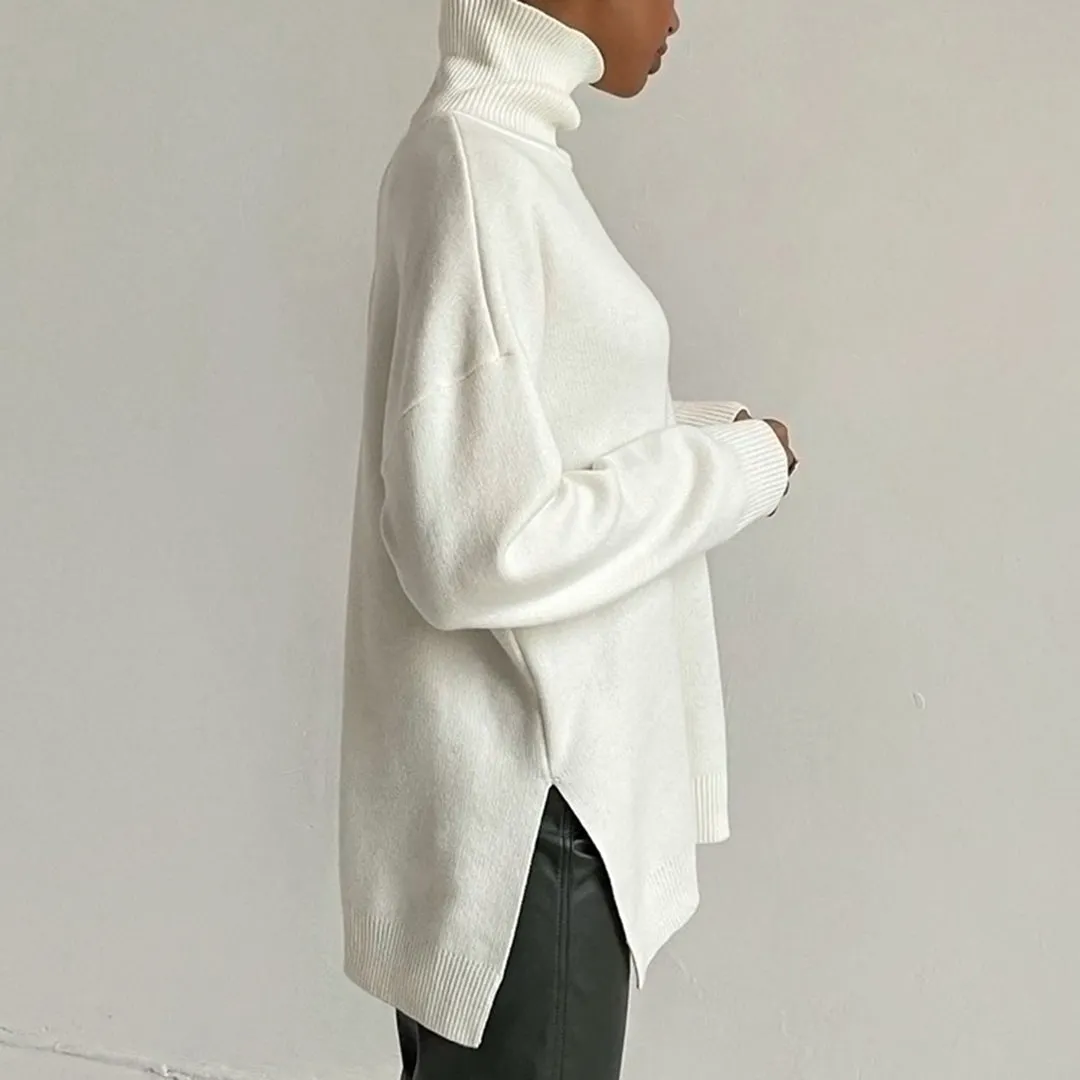 Elegant Split-Hem Turtleneck Sweater