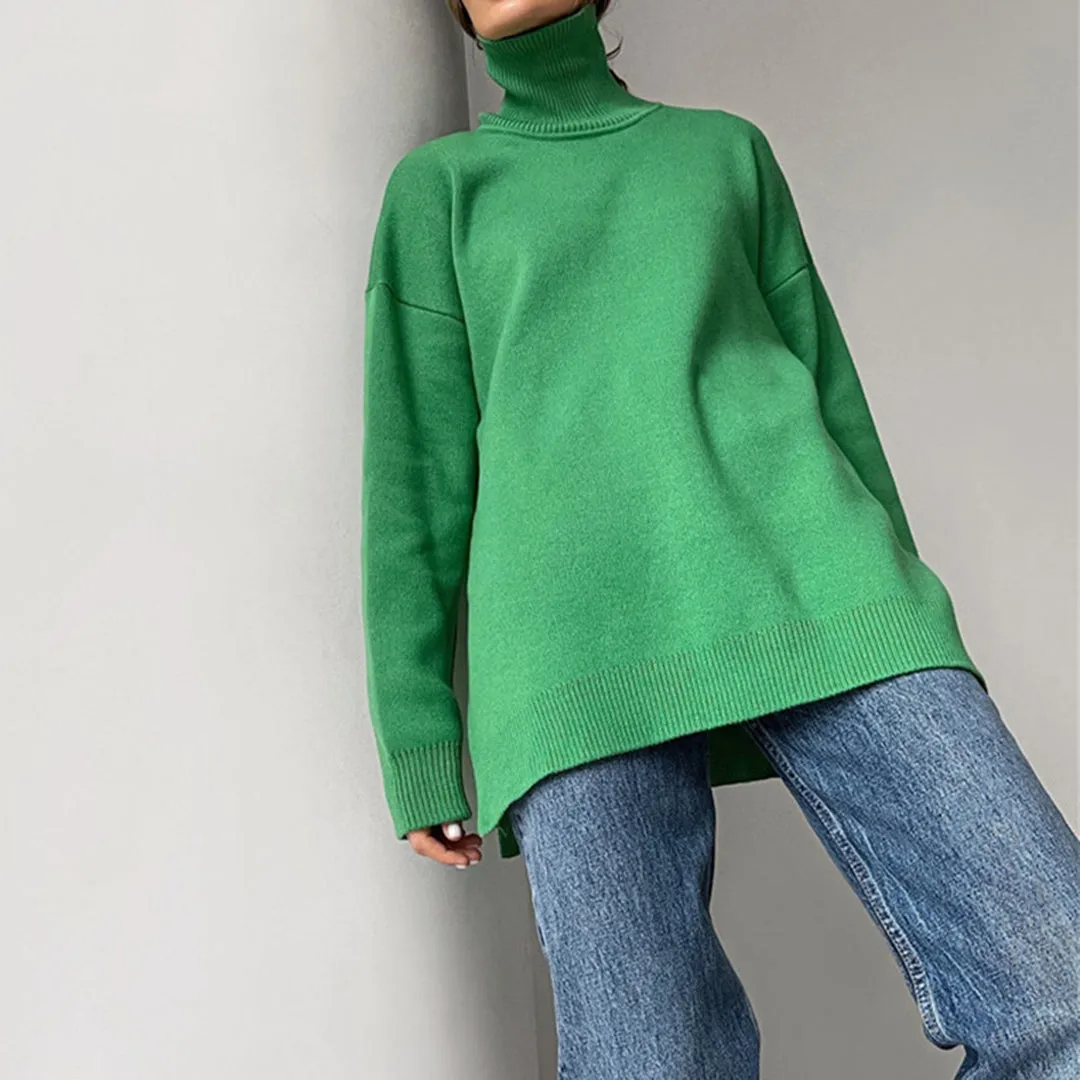 Elegant Split-Hem Turtleneck Sweater