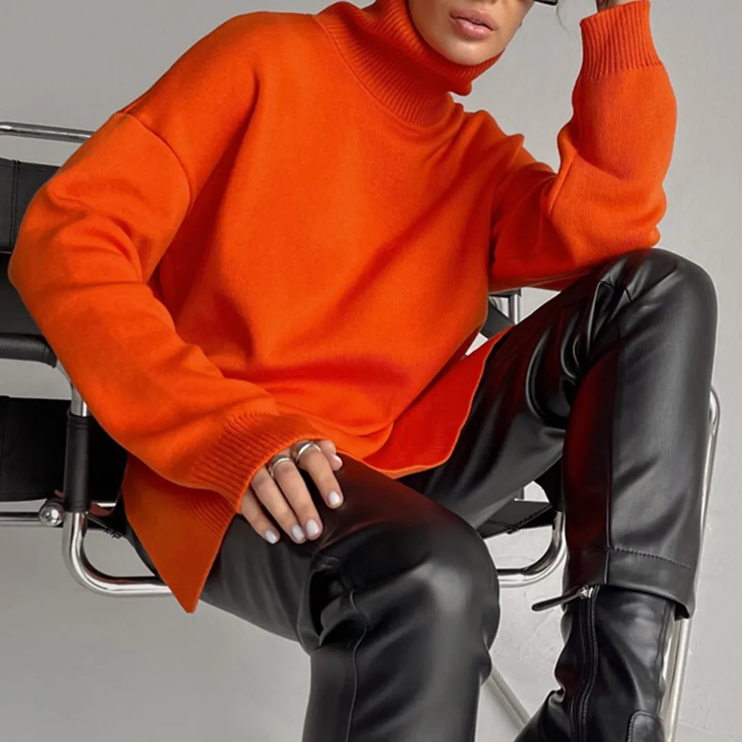 Elegant Split-Hem Turtleneck Sweater