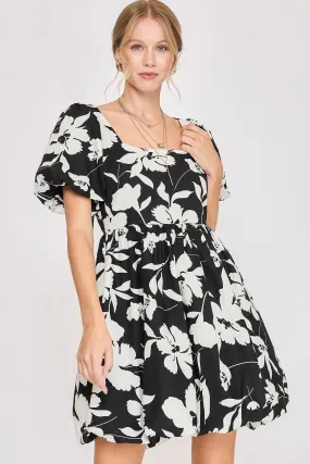 Garden of Love Floral Babydoll Puff Sleeve Dress in Black/White