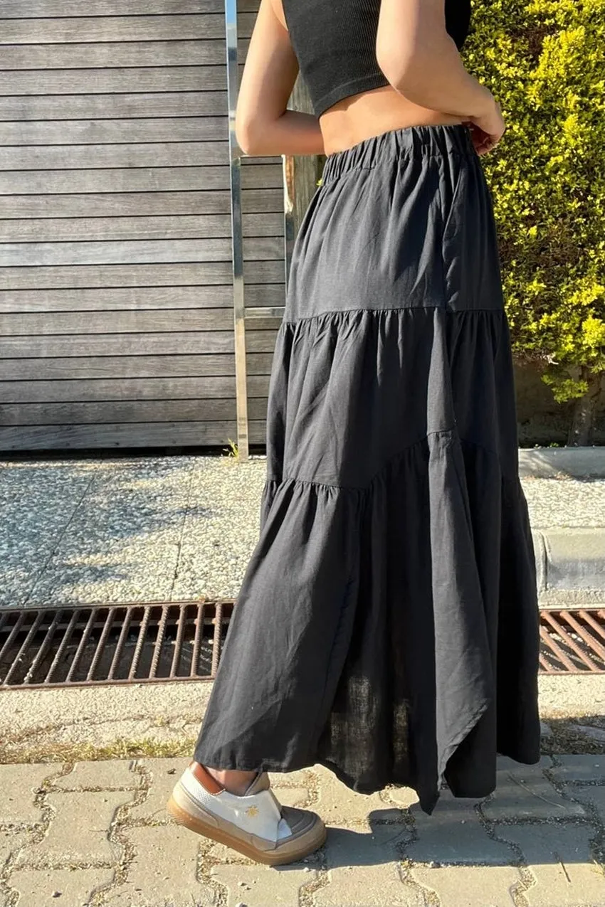 GNS Women's Black Pocketed Elastic Waist Layered Voile Skirt BST700-3574 - Coconut Creek