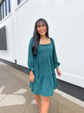 Green Dot Square Neck Babydoll Dress