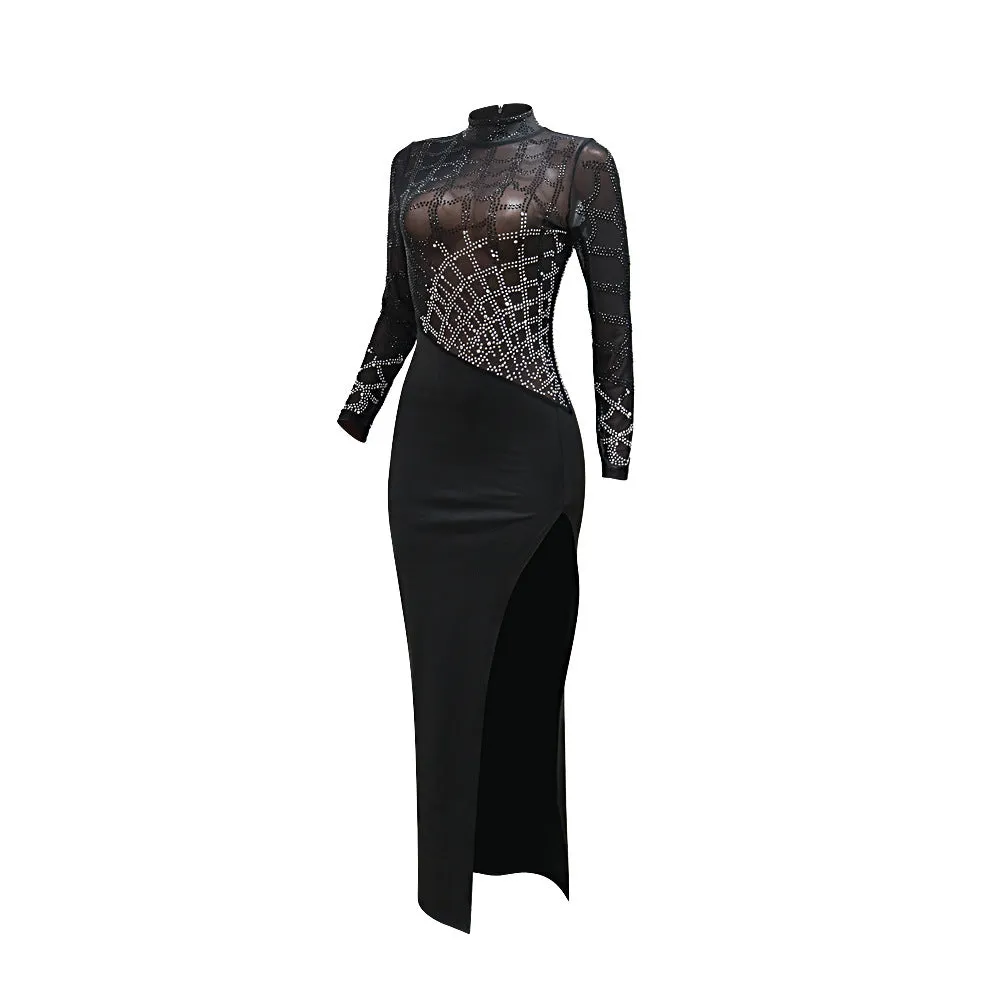 High Collar Long Sleeve Rhinestone High Slit Party Dress