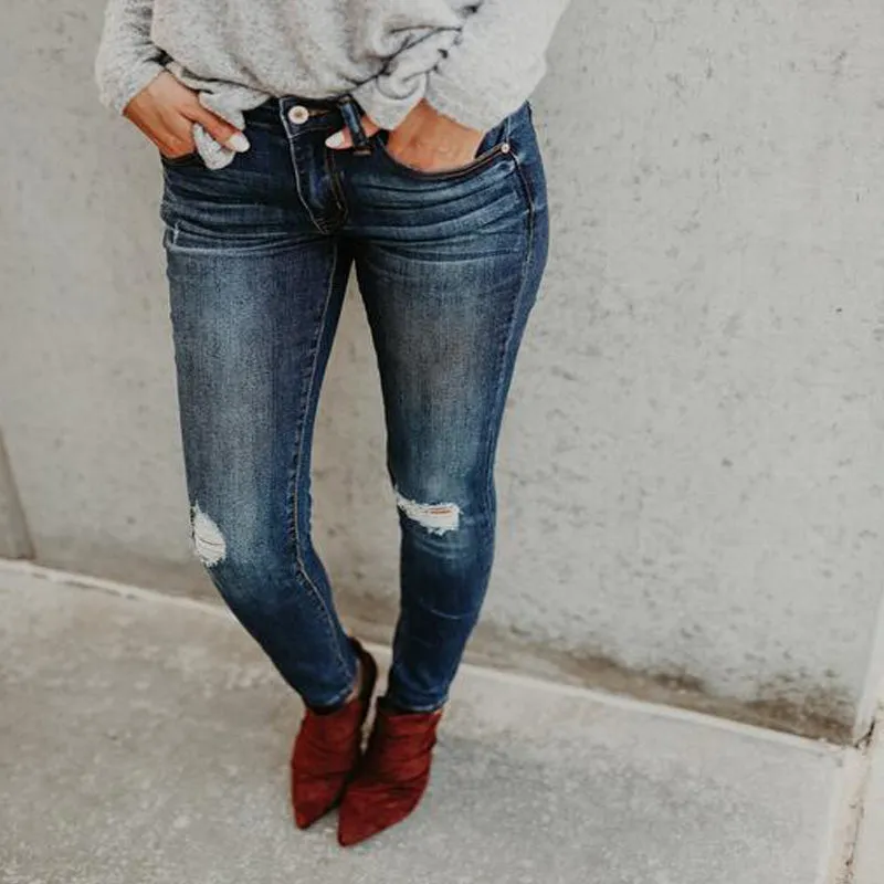 High Waist Blue Skinny Ripped Bodycon Denim Pants