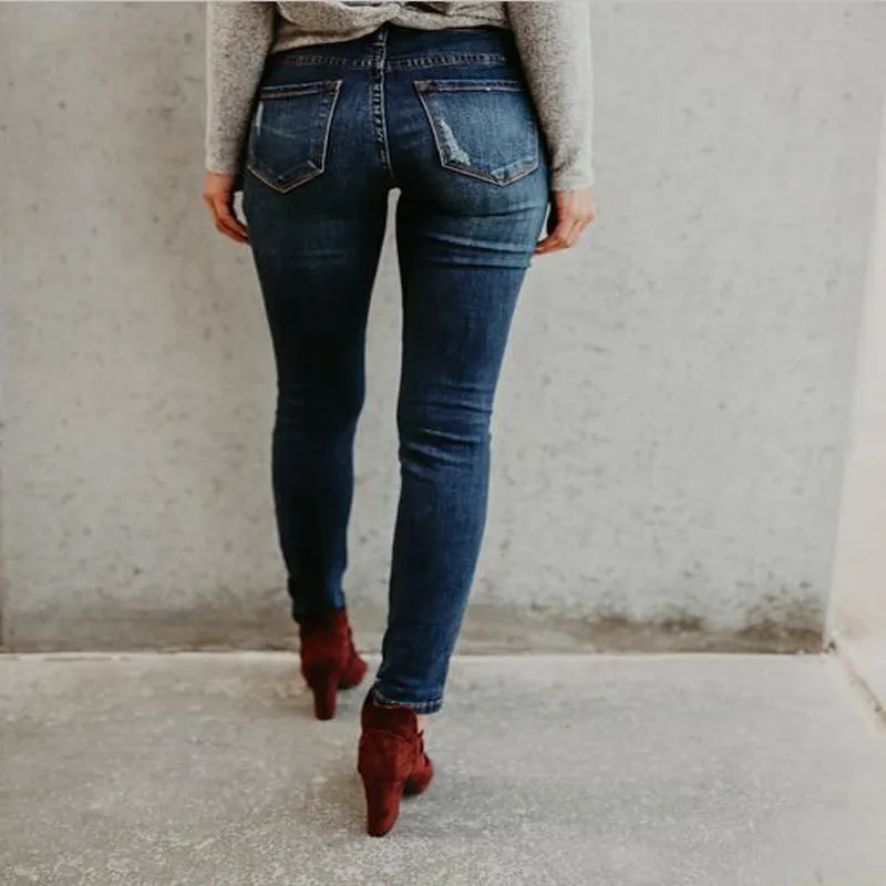 High Waist Blue Skinny Ripped Bodycon Denim Pants