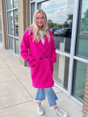 Hot Pink Long Teddy Button Coat