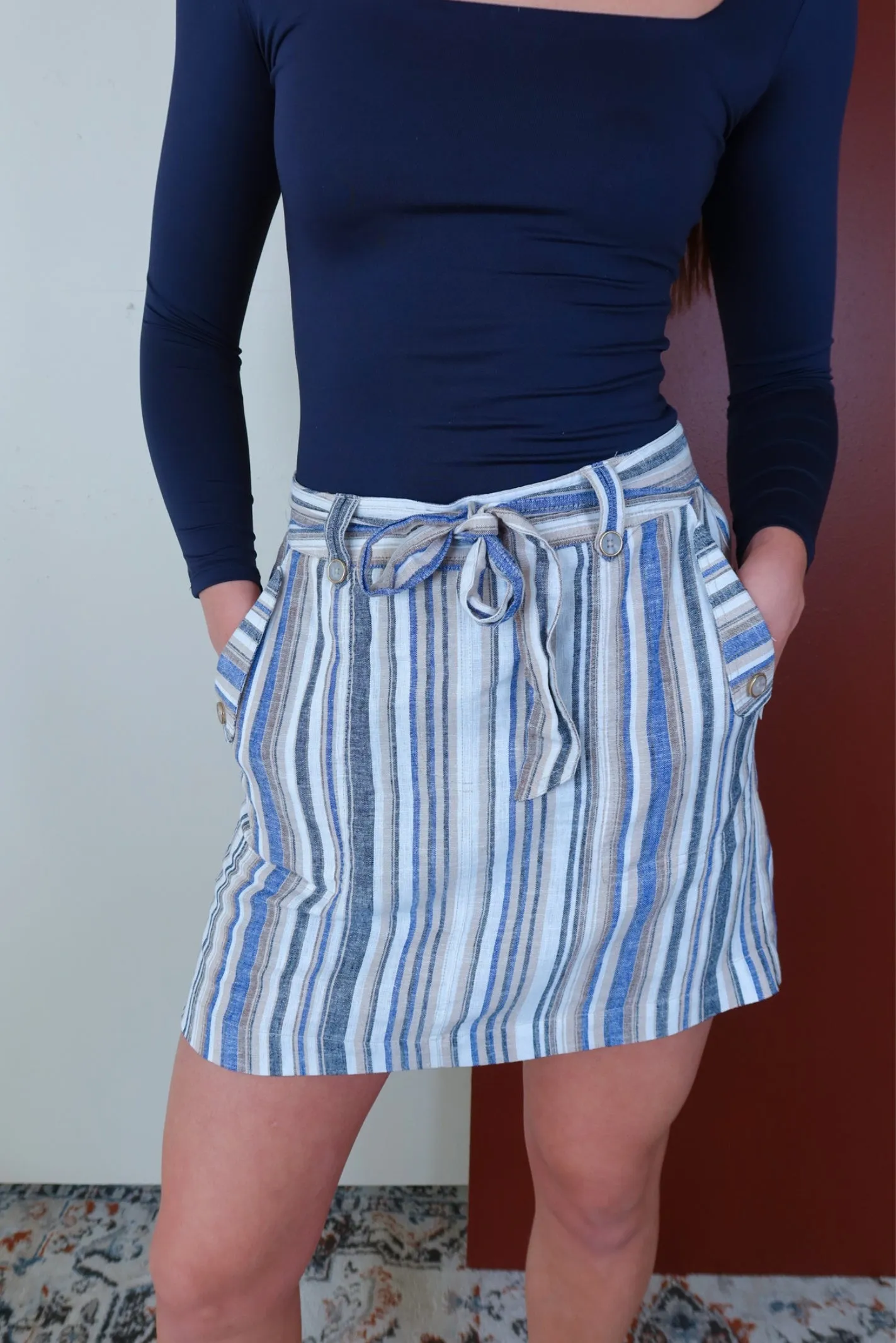 Irish Cream And Blue  Linen Belted Skort