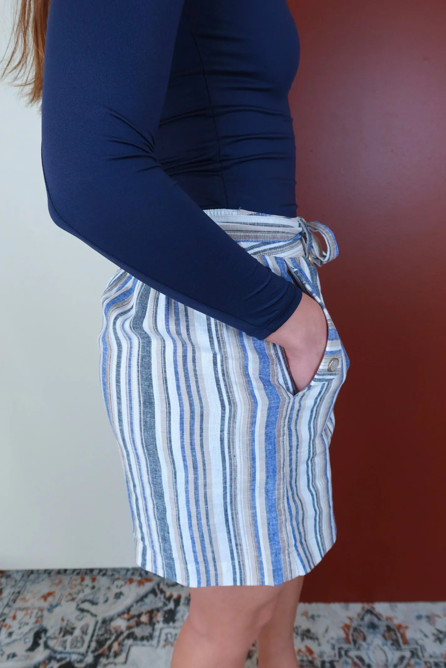 Irish Cream And Blue  Linen Belted Skort