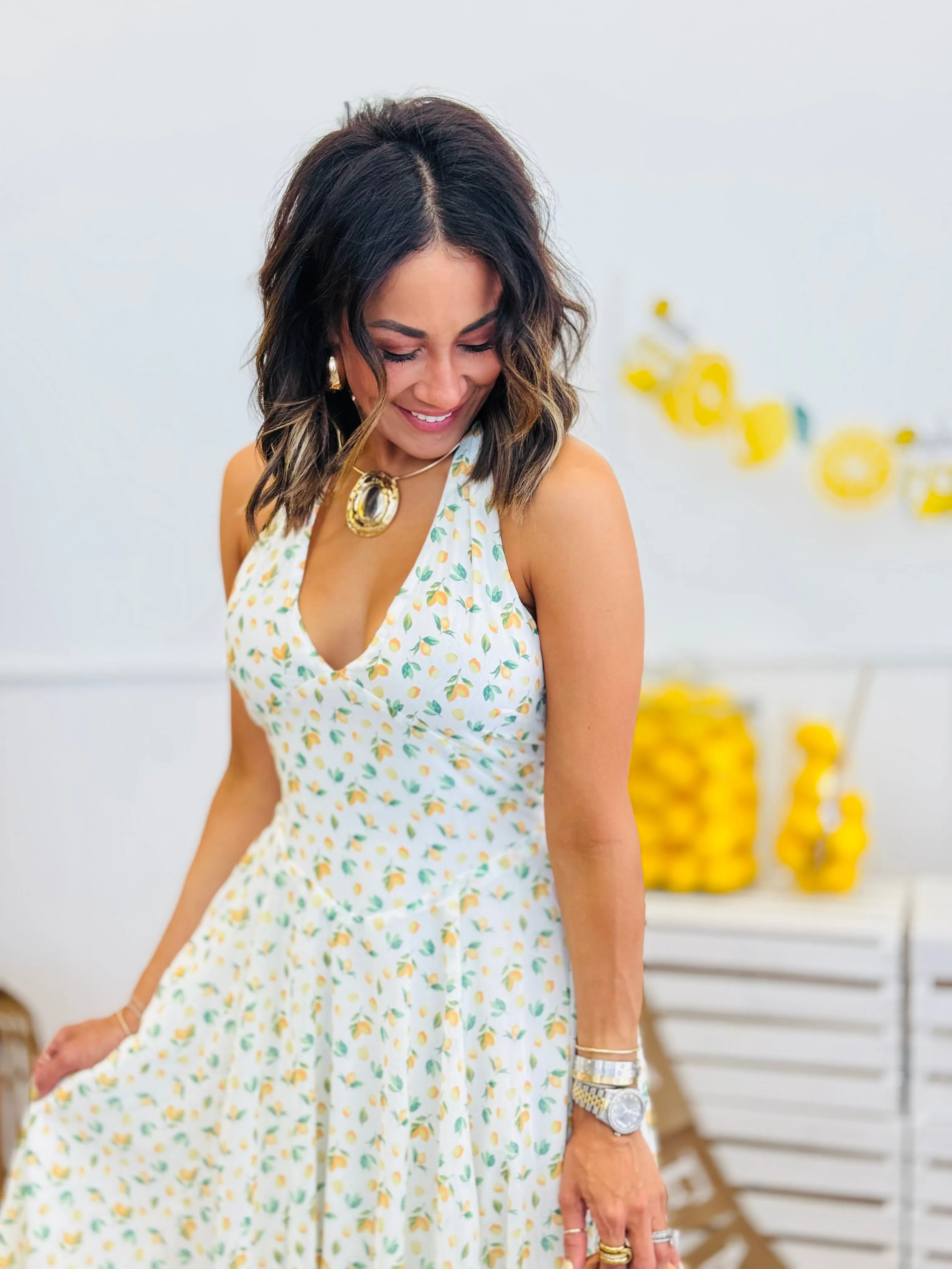 Lemon Print Halter Midi Dress (Reg.)