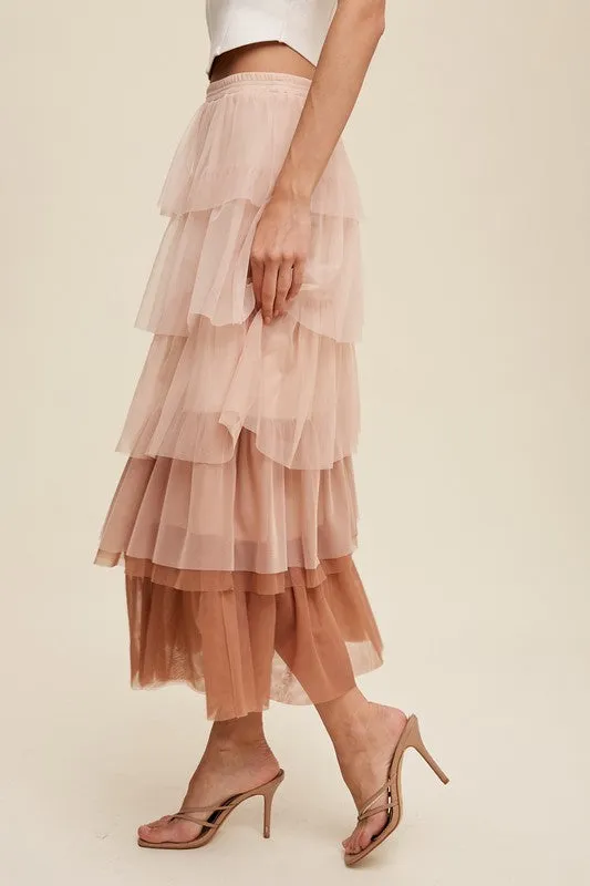 Listicle Gradient Style Tiered Mesh Tulle Womens Maxi Skirt S-L
