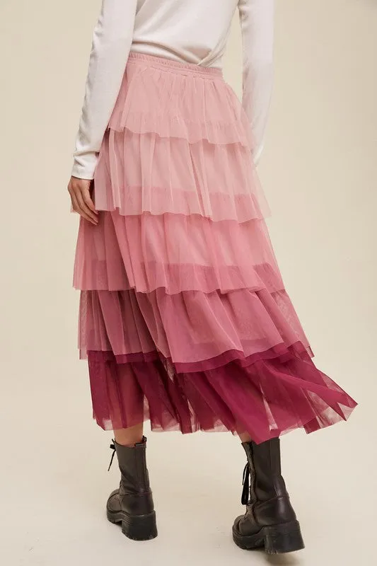 Listicle Gradient Style Tiered Mesh Tulle Womens Maxi Skirt S-L