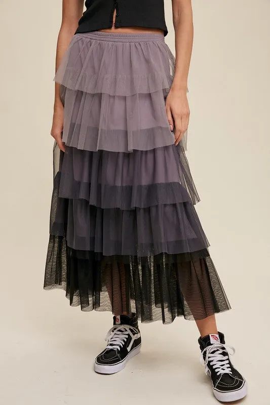 Listicle Gradient Style Tiered Mesh Tulle Womens Maxi Skirt S-L