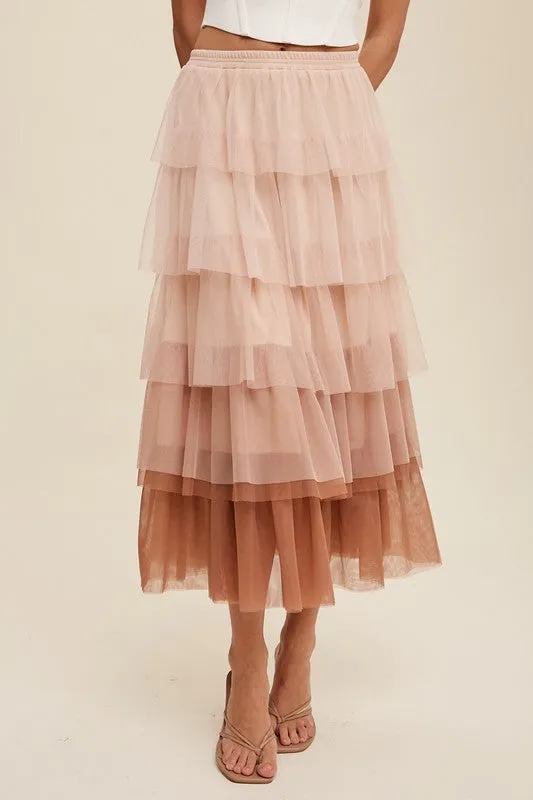 Listicle Gradient Style Tiered Mesh Tulle Womens Maxi Skirt S-L