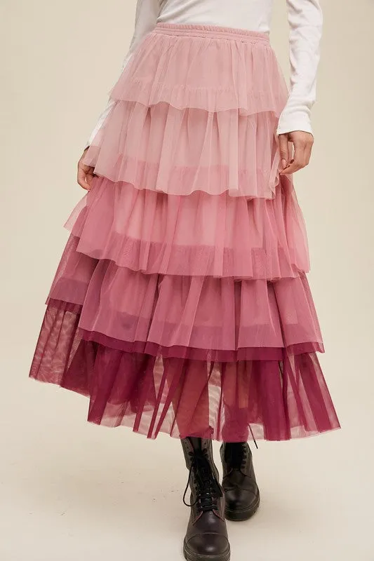 Listicle Gradient Style Tiered Mesh Tulle Womens Maxi Skirt S-L