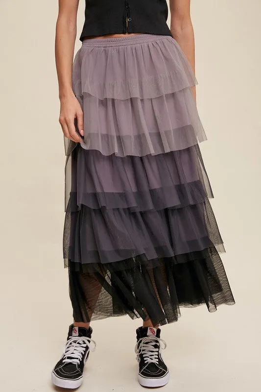 Listicle Gradient Style Tiered Mesh Tulle Womens Maxi Skirt S-L