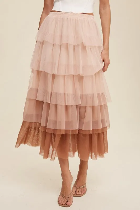 Listicle Gradient Style Tiered Mesh Tulle Womens Maxi Skirt S-L