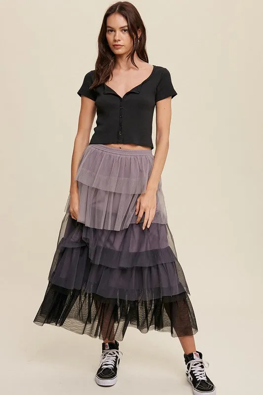 Listicle Gradient Style Tiered Mesh Tulle Womens Maxi Skirt S-L