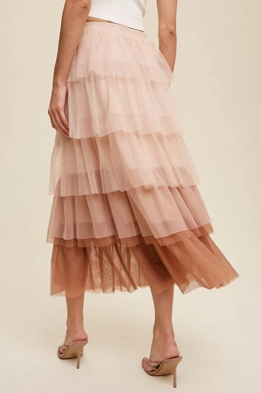 Listicle Gradient Style Tiered Mesh Tulle Womens Maxi Skirt S-L