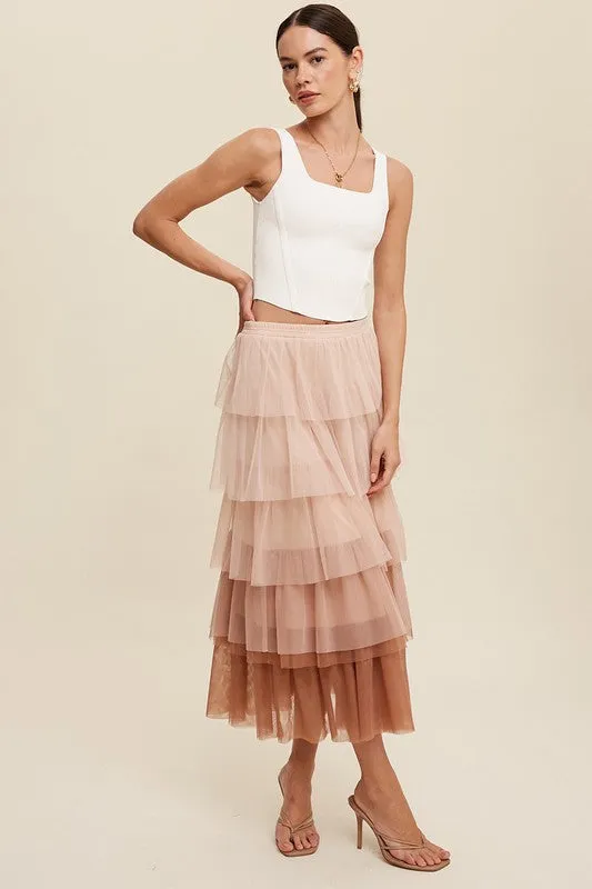 Listicle Gradient Style Tiered Mesh Tulle Womens Maxi Skirt S-L