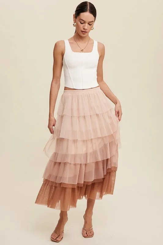 Listicle Gradient Style Tiered Mesh Tulle Womens Maxi Skirt S-L