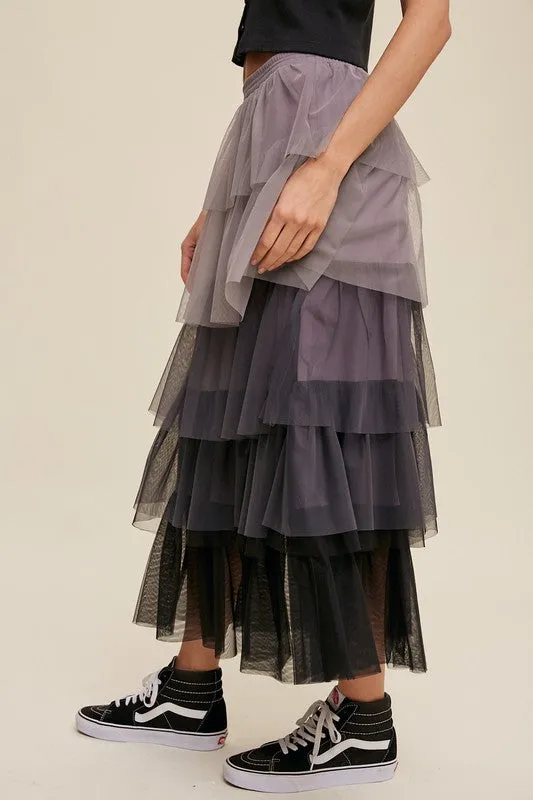 Listicle Gradient Style Tiered Mesh Tulle Womens Maxi Skirt S-L