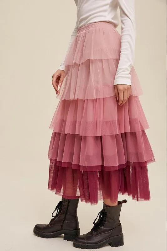Listicle Gradient Style Tiered Mesh Tulle Womens Maxi Skirt S-L