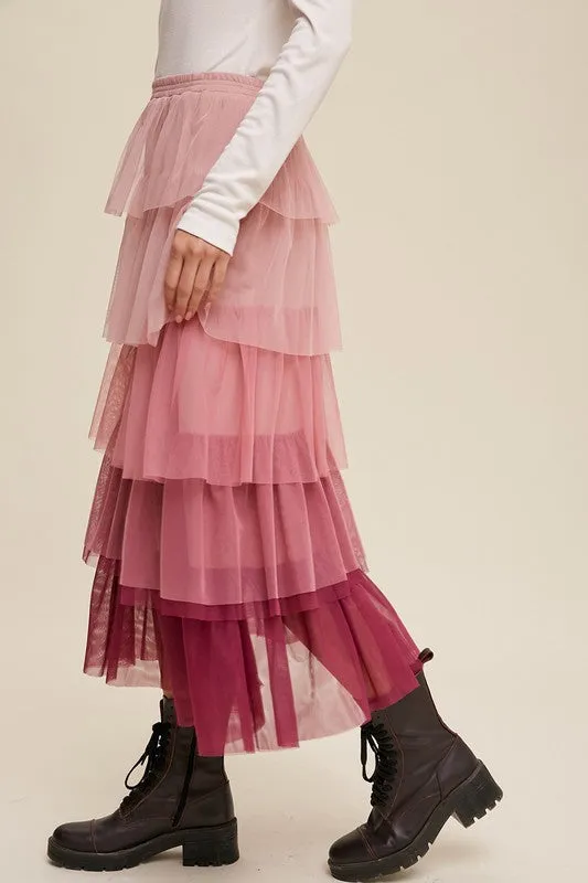 Listicle Gradient Style Tiered Mesh Tulle Womens Maxi Skirt S-L