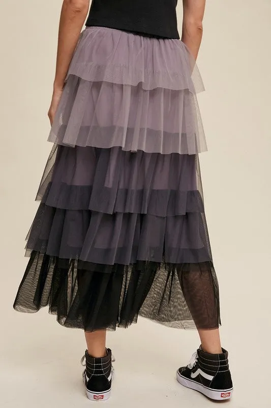 Listicle Gradient Style Tiered Mesh Tulle Womens Maxi Skirt S-L