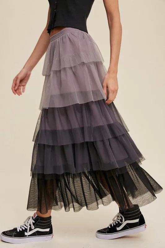 Listicle Gradient Style Tiered Mesh Tulle Womens Maxi Skirt S-L