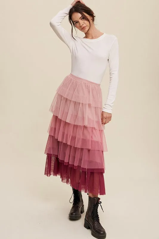 Listicle Gradient Style Tiered Mesh Tulle Womens Maxi Skirt S-L