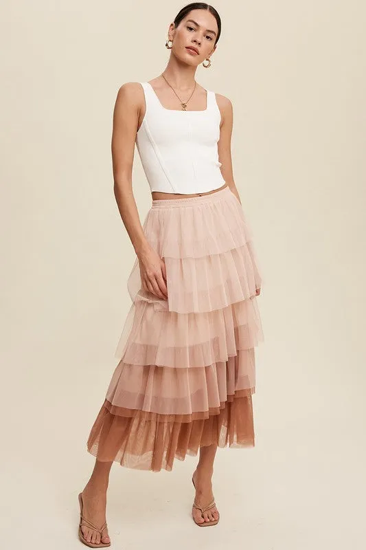 Listicle Gradient Style Tiered Mesh Tulle Womens Maxi Skirt S-L