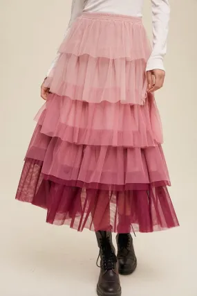 Listicle Gradient Style Tiered Mesh Tulle Womens Maxi Skirt S-L