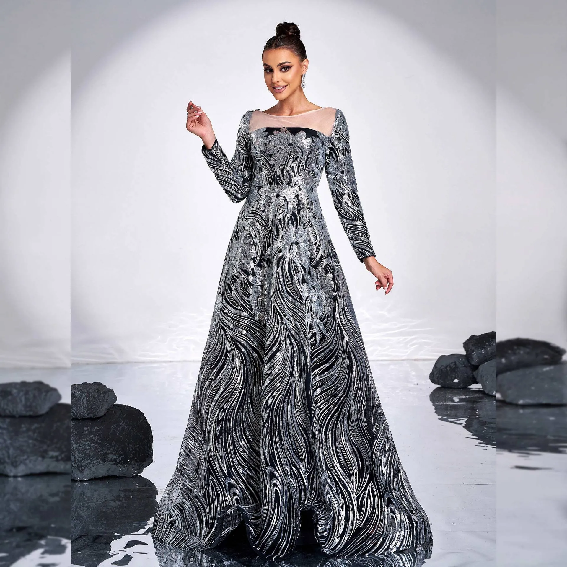 Long Sleeved Round Neck Sequined Evening Dress