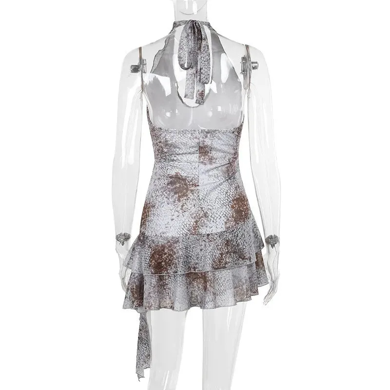 Mesh Printed Ruffle Backless Bodycon Mini Summer Dress