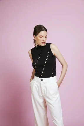 Nathalie Black Tank Top with Hole Detail and Slit Collar