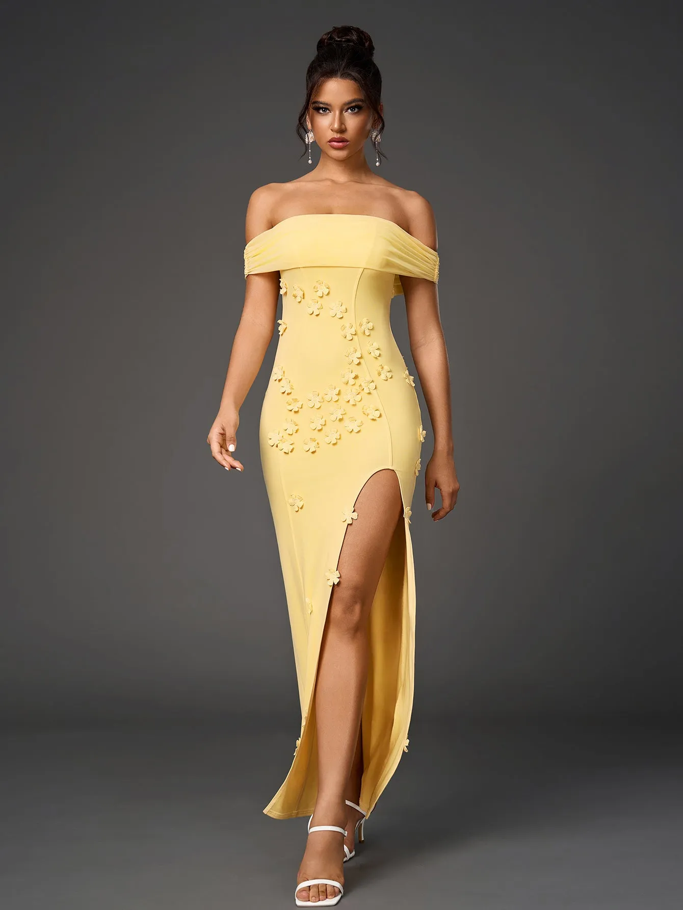 Off Shoulder Floral Applique Ecoration Split Mesh Dress