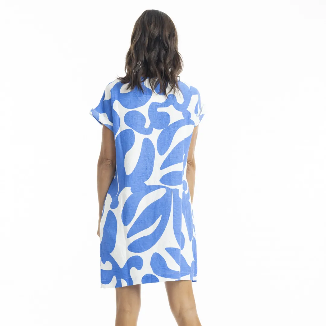 Orientique Print Linen Cap Sleeve Shirt Dress - Blue