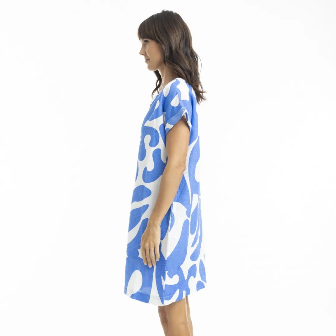Orientique Print Linen Cap Sleeve Shirt Dress - Blue