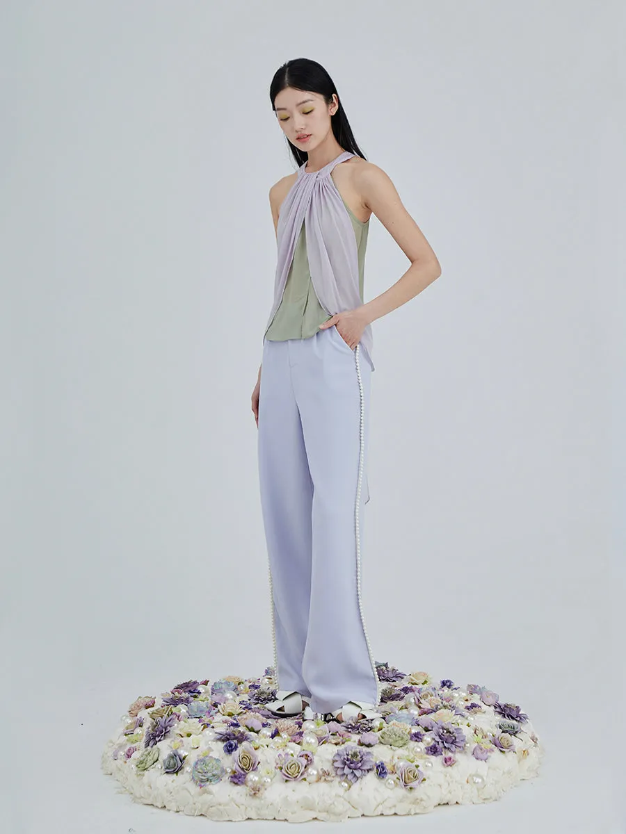 Pearl Embellished High Waist Wide Leg Pants
