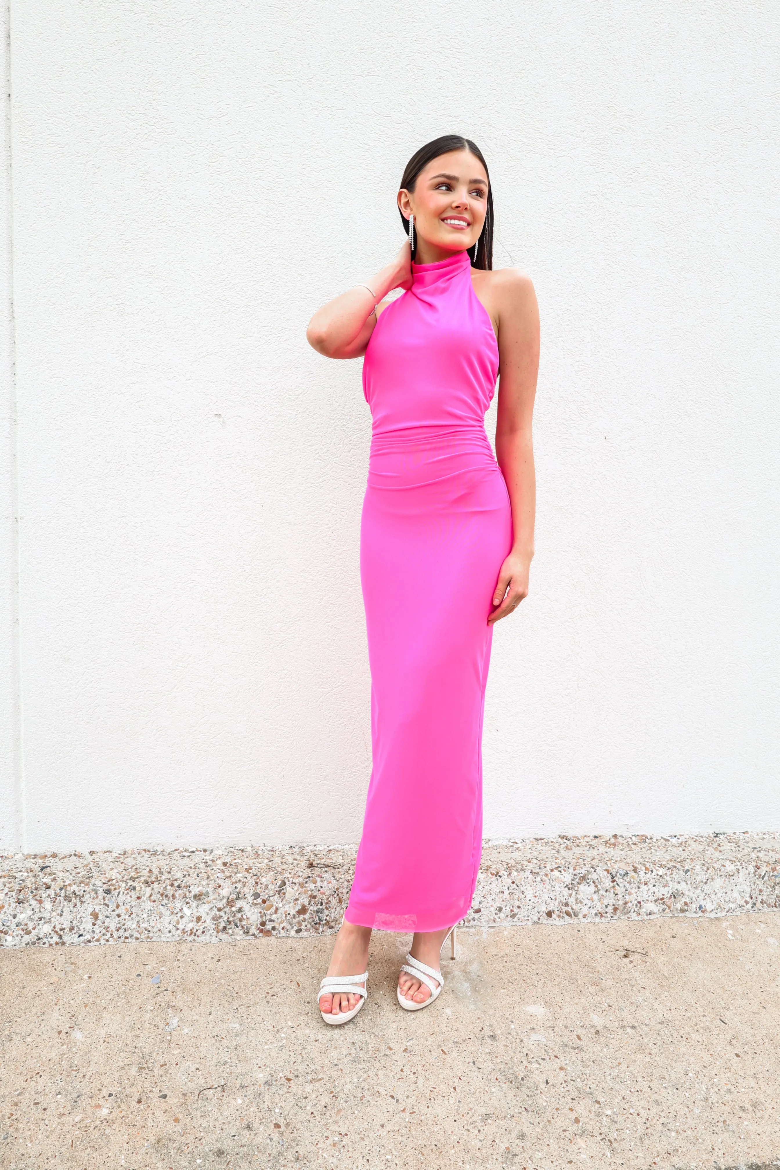 Pink Mesh Halter Neck Maxi Dress