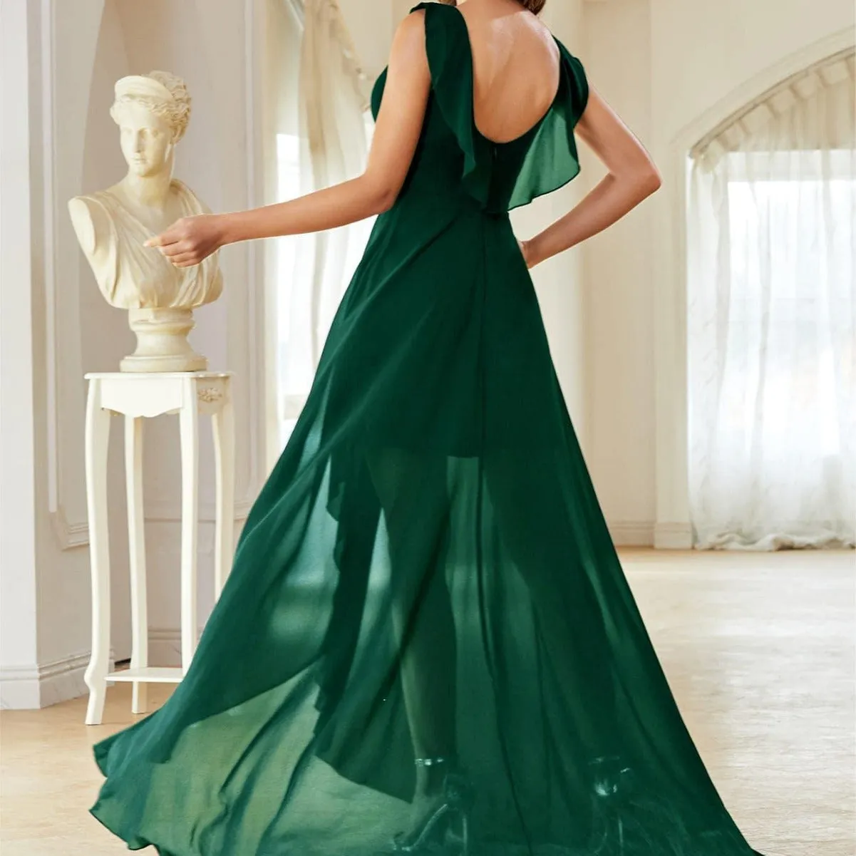 Pleated Backless V neck Chiffon Evening Dress