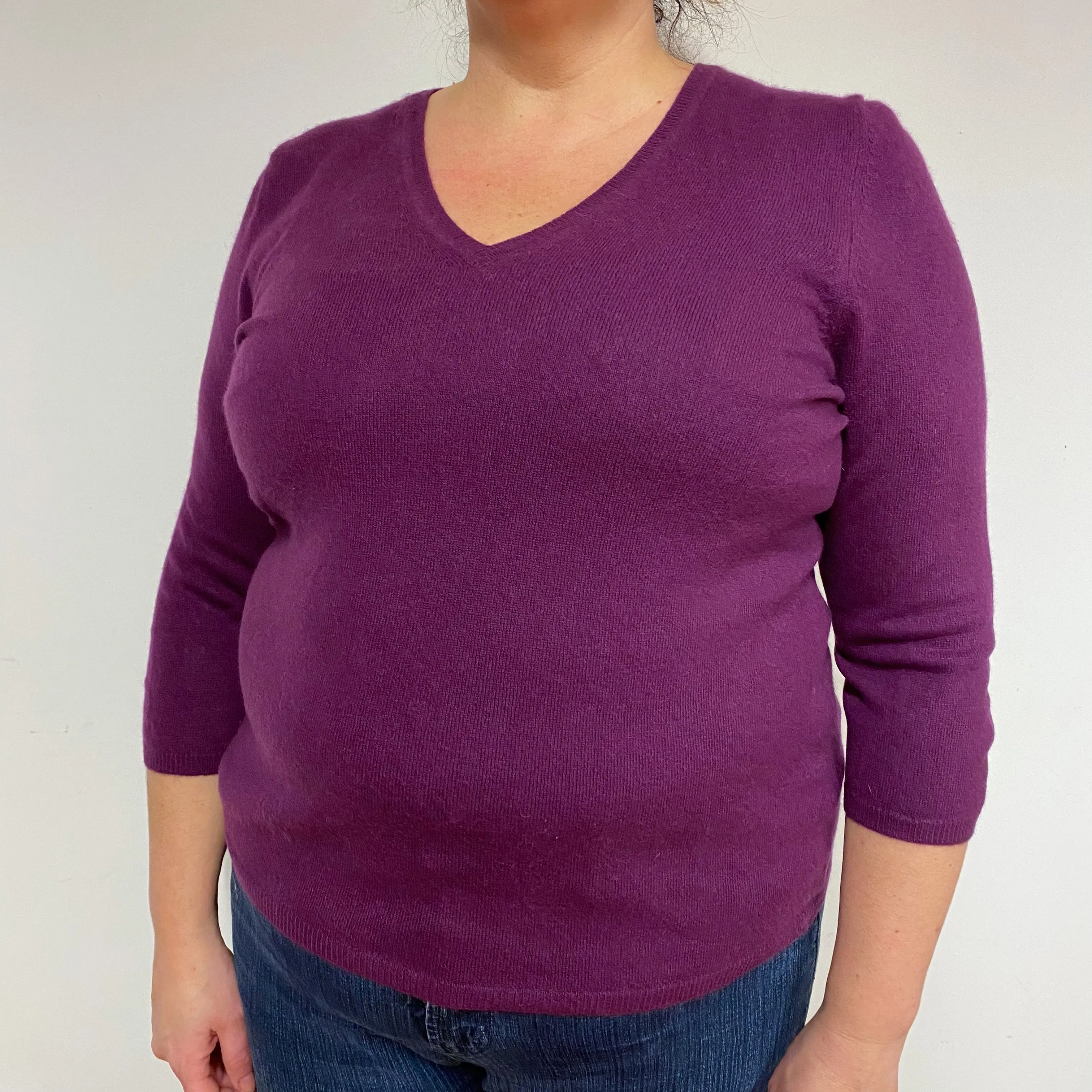 Purple 3/4 Sleeve Cashmere V-Neck Jumper Extra Large