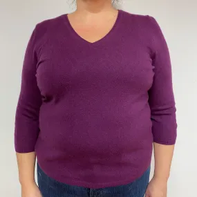 Purple 3/4 Sleeve Cashmere V-Neck Jumper Extra Large