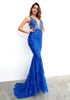 Royal Blue lace deep V neck mermaid dress