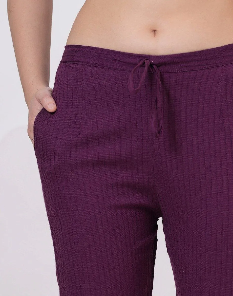 Satrangi Women's Wine Viscose Ribbed Lycra Trouser