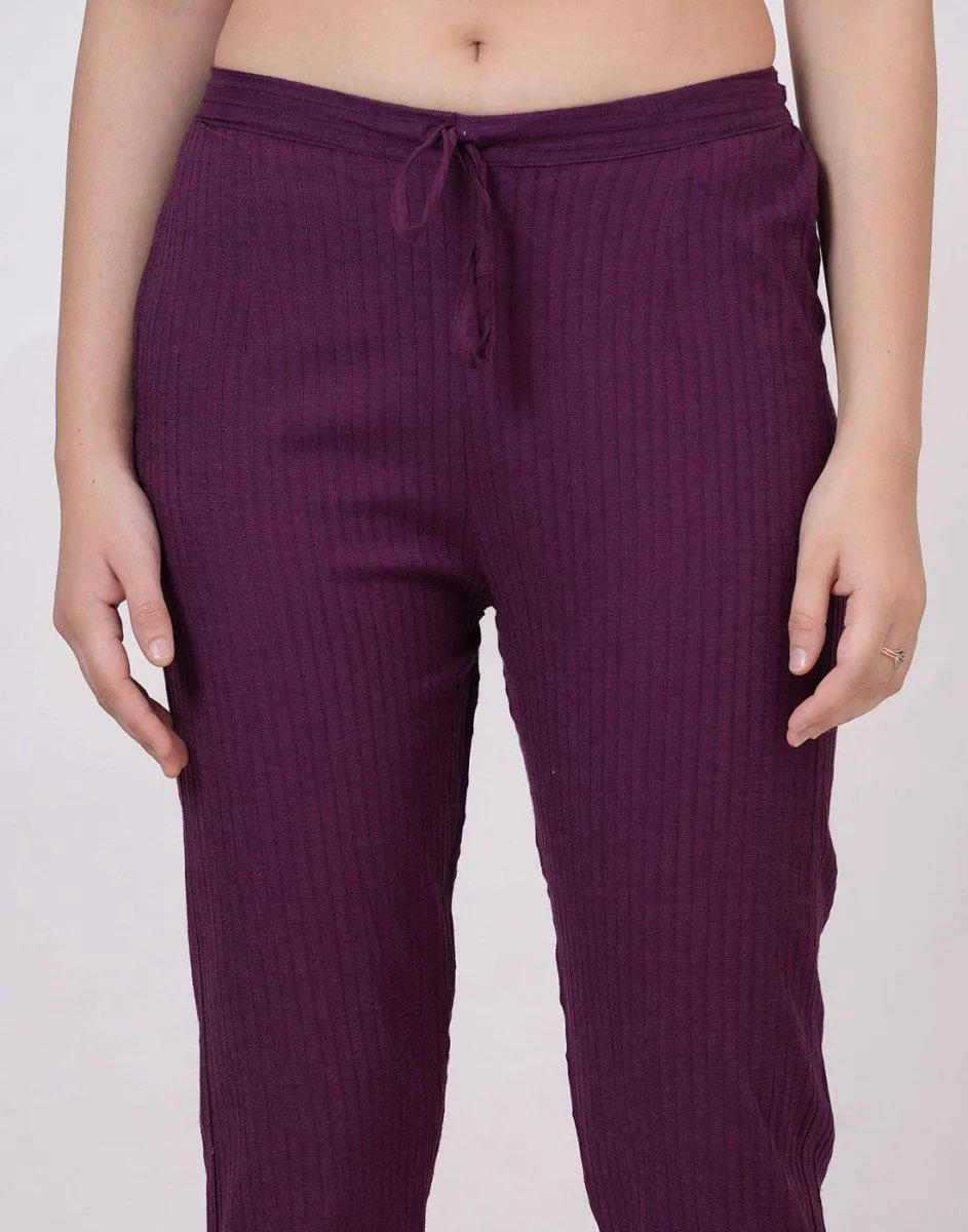 Satrangi Women's Wine Viscose Ribbed Lycra Trouser