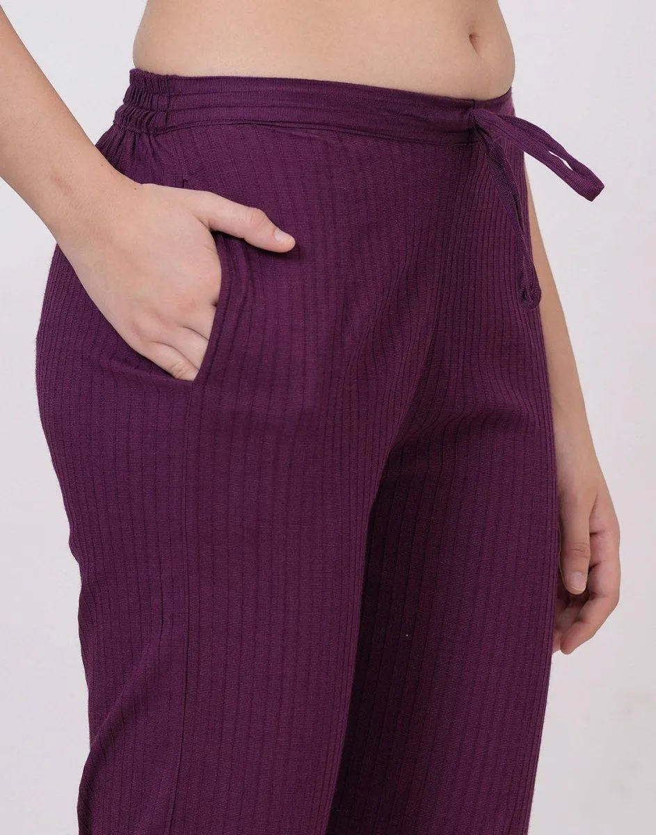 Satrangi Women's Wine Viscose Ribbed Lycra Trouser