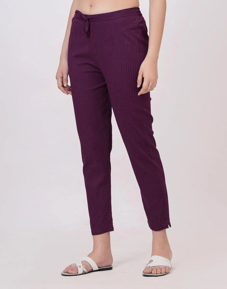 Satrangi Women's Wine Viscose Ribbed Lycra Trouser