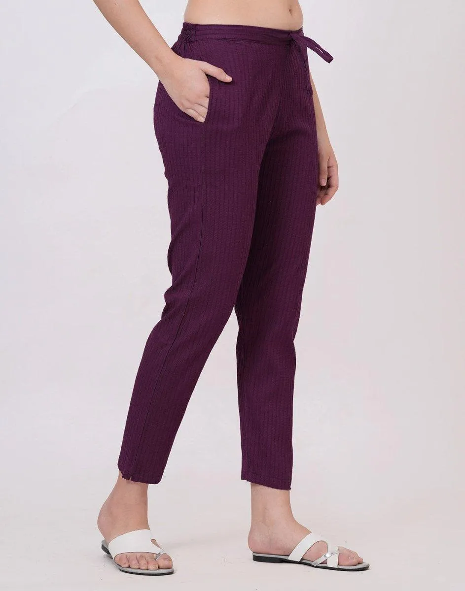 Satrangi Women's Wine Viscose Ribbed Lycra Trouser