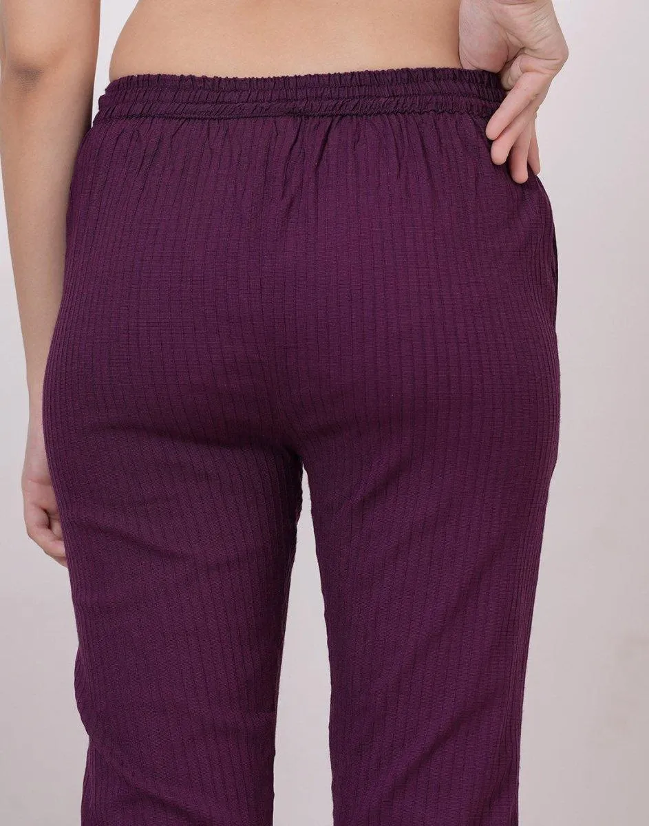 Satrangi Women's Wine Viscose Ribbed Lycra Trouser